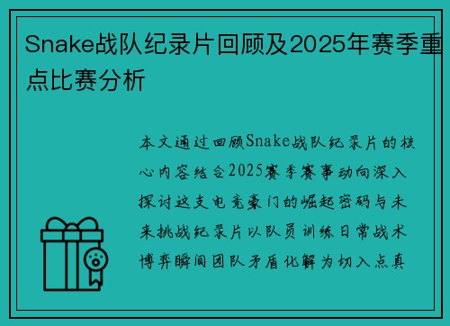 Snake战队纪录片回顾及2025年赛季重点比赛分析